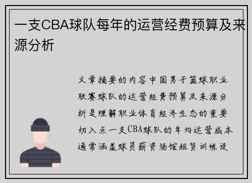 一支CBA球队每年的运营经费预算及来源分析