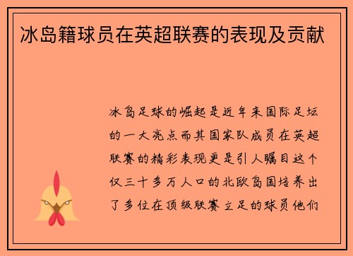 冰岛籍球员在英超联赛的表现及贡献